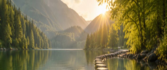 Ruhiger Bergsee im Sommer bei Sonnenaufgang